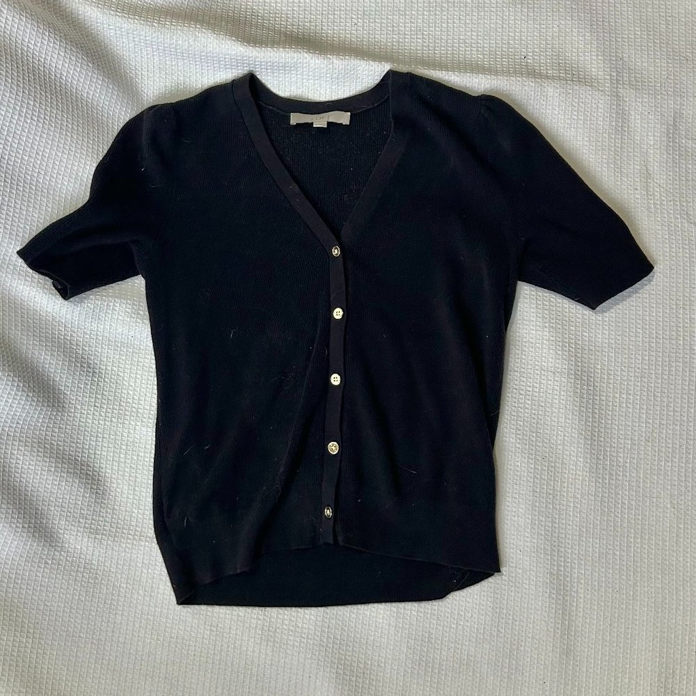 Loft Black Short Sleeve Button Up Sweater | Size Medium